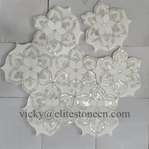 Mosaico <span class=keywords><strong>de</strong></span> Lujo con Diseño Floral, Mosaico <span class=keywords><strong>de</strong></span> Mármol Blanco Thassos con Incrustaciones <span class=keywords><strong>de</strong></span> Madreperla para Paredes Interiores - Product Image 2