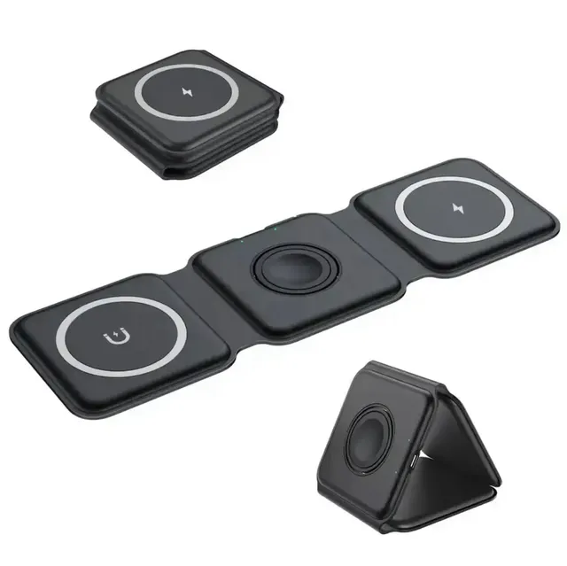 15w 3 in 1 Folding Magnetic Wireless Chargers Stand 3in 1 Foldable Wireless Charger for Mobile Phone Smart Watch Earphones