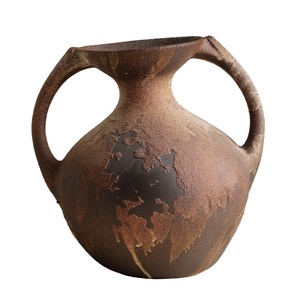 Ensemble de vases en céramique rustiques et écologiques faits à la main avec poignées, finition mate, style Wabi Sabi, brun vieilli, pour la décoration intérieure - Product Image 5