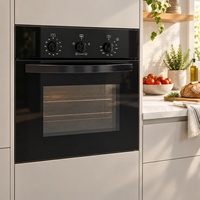 Oven Listrik Built-in 56L Tombol Mekanik 220-240V 4 Mode Pemanasan Konveksi Panggangan Kaca Hitam Ukuran Keluarga OEM