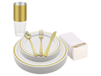 Assiettes lourdes en plastique or blanc Assiettes en plastique bord or Ensemble d'assiettes de qualité supérieure