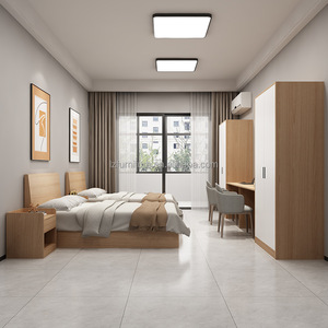 Juego de Muebles de Dormitorio Económico de Madera Maciza para Habitación Doble de Hotel, Fabricación Personalizada OEM ODM, Venta Directa de Fábrica, Cama Doble de Madera con Mesitas de Noche - Product Image 2