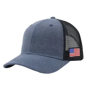 High Quality Distressed Washed Blank Trucker Fitted Mesh Hats Gorras Plain Trucker Cap Custom Logo Embroidery Sports Caps