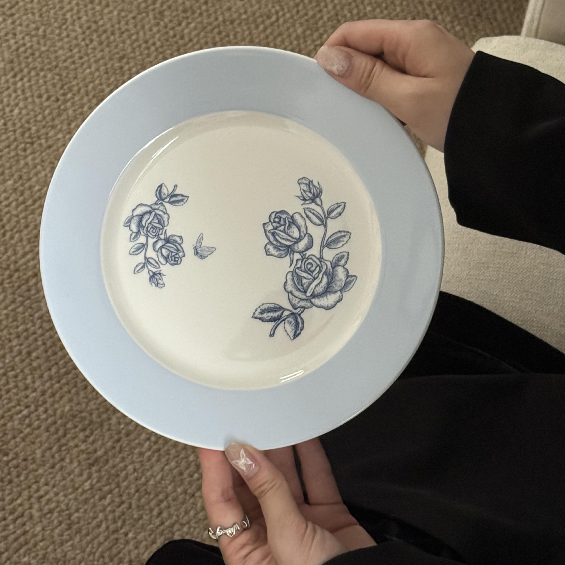 จานดอกไม้นมฤดูร้อนสีฟ้า8นิ้ว