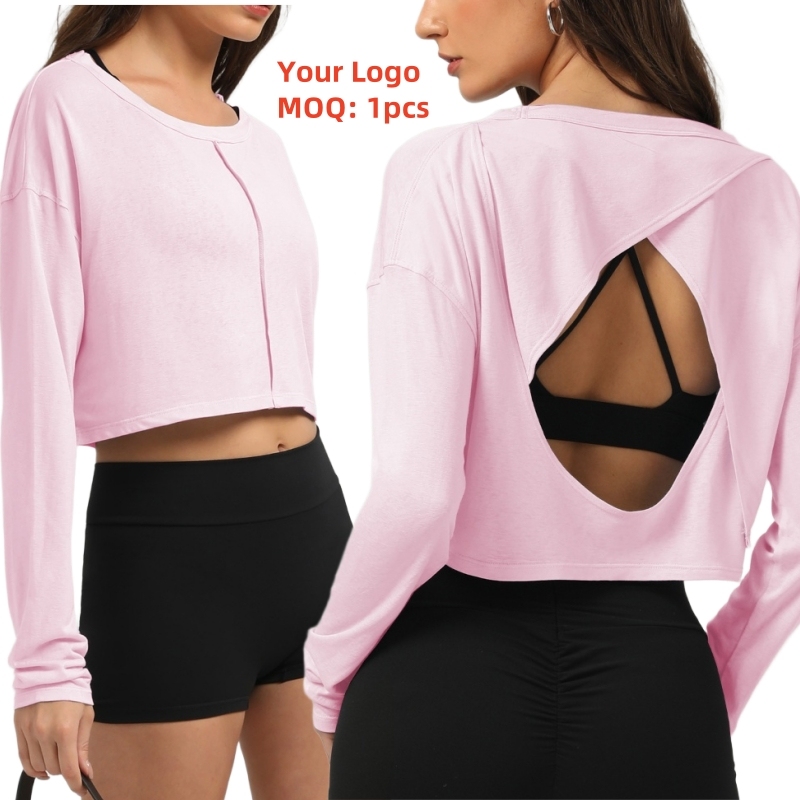 Aoyema Yoga Clothes Gym Fitness O-Neck Crop Long Sleeve Top Lightweight Gym Woman Sports Wear Hollow Back Shirts