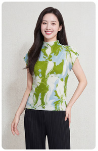 PY Hot Print Pleated Stand Collar Short Sleeve T-Shirt Women Plus Size Loose Casual <b>Compressed</b> 100% Polyester Wholesale - Product Image 6