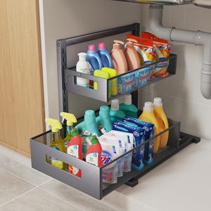 Double Tier Pull Out Cabinet with Metal Mesh Sliding Drawers Under <strong>Sink</strong> <strong>Kitchen</strong> <strong>Storage</strong> Rack with Baskets for Efficient <strong>Storage</strong> - Product Image 4