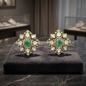 Classic 18K Gold Victorian Bloom <b>Stud</b> Earrings With <b>Emerald</b> Centre Gemstone & Polki Diamonds Floral Design Earring Set Jewellery - Product Image 3