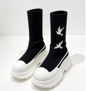 Bottes chaussettes noires pour femme, mi-mollet, bout rond, plateforme, semelle épaisse, doublure chaude et moelleuse, semelle extérieure en EVA, chaussures décontractées streetwear pour l'hiver - Product Image 4