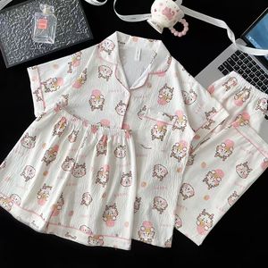 Sommer-Pyjama Damen Kurzarm-Shorts Dreiteiliger Anzug aus Wolkenbaumwolle Süß und Lieblich Hausanzug - Product Image 5