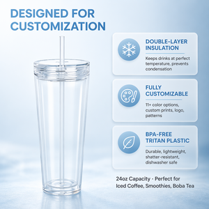 Práctica Taza de Bebidas de Plástico de Doble Pared de 24 oz con Tapa y Pajita, Recipiente de Agua Desechable y Reutilizable para Oficina - Product Image 1
