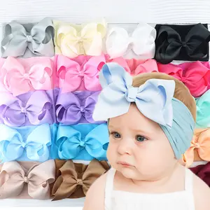 HZO-50059 5 इंच बच्चे लड़कियों बड़ा धनुष सिर लोचदार नायलॉन Hairbands पगड़ी बाल सामान के लिए नवजात शिशुओं शिशुओं