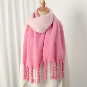 A solid color women's winter scarf with twist fringe fashion warm daily white match