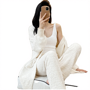 Ensemble de pyjama trois pièces décontracté pour femme, automne-hiver, uni, col en V, manches longues, cardigan chaud et épais, tricot respirant, taille élastique - Product Image 2