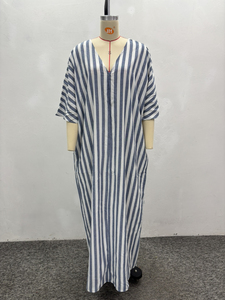 เดรสยาวทรงหลวมคอวีลายทาง แขนสั้น สไตล์ลำลอง สำหรับผู้หญิง แฟชั่นรักษ์โลก ผลิตจากวัสดุธรรมชาติ - Product Image 5