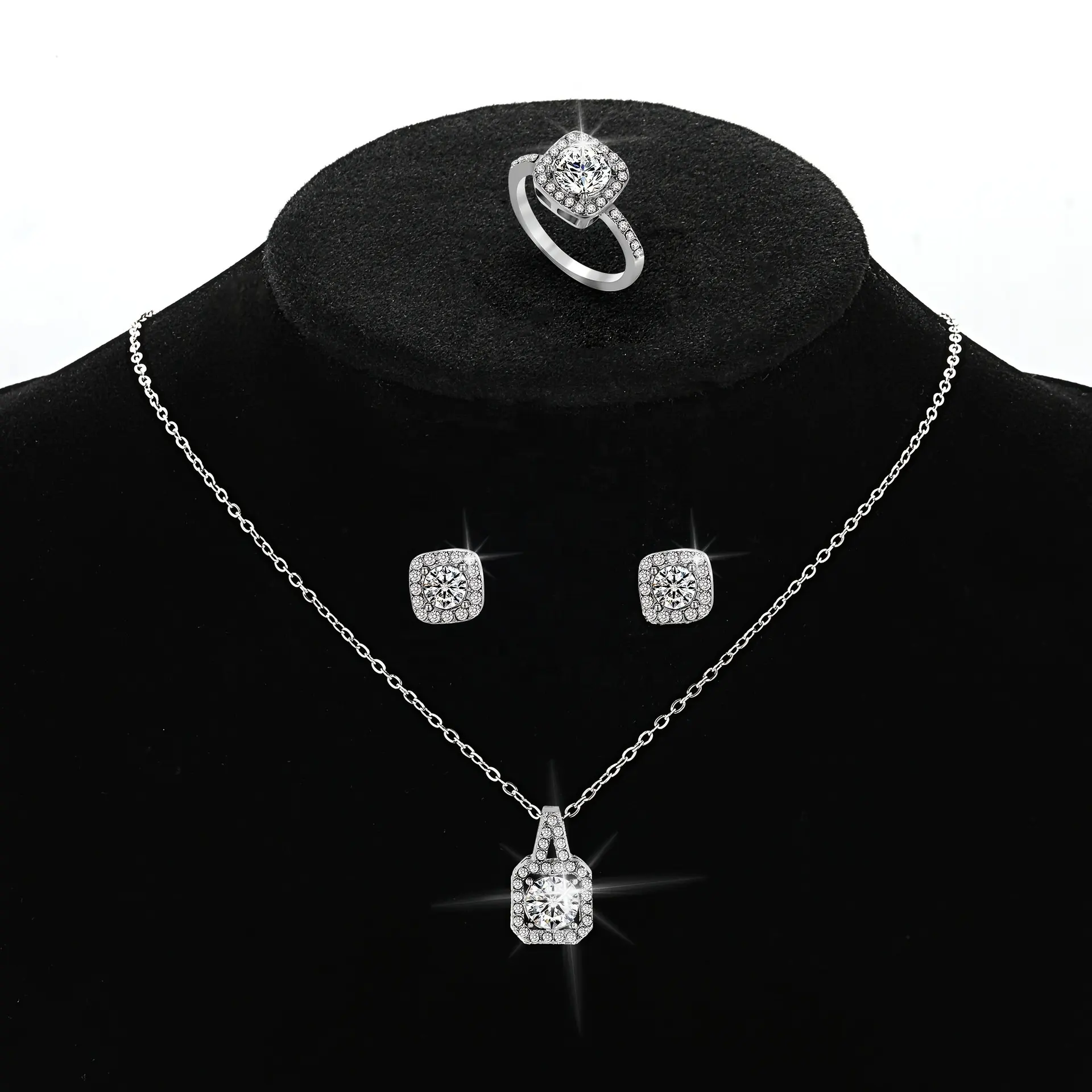 Modis penjualan laris liontin persegi potongan mikro bertatahkan zirkonium 3 buah/set kalung anting cincin mode perhiasan set