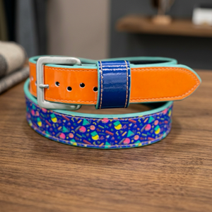 Ceinture de baseball réversible avec imprimé géométrique orange et bleu, boucle rectangulaire argentée, style décontracté - Product Image 3