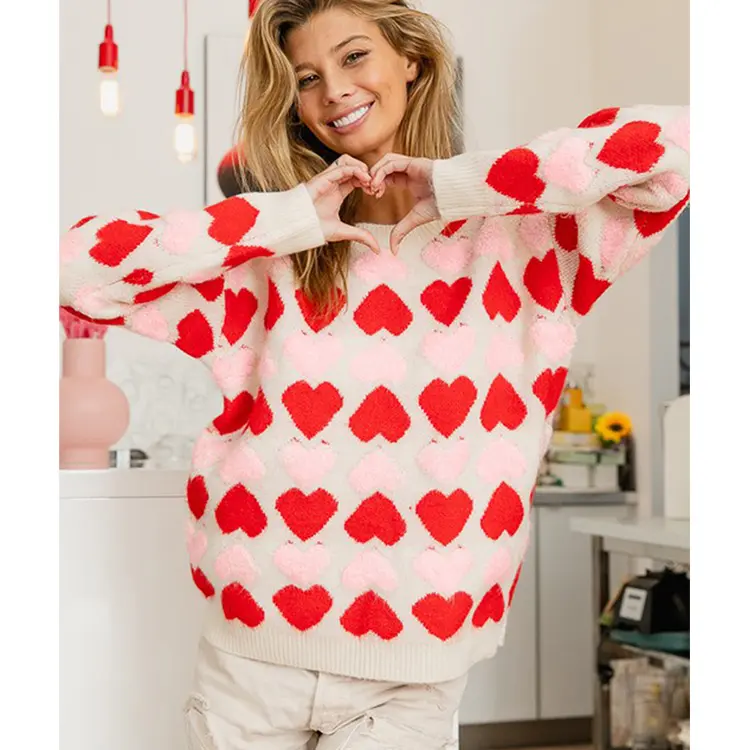 2023 Women Clothing Valentines Knitted Red Heart Jacquard Clothes Sweater For Women