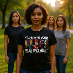 T-shirt da donna in cotone nero con scollo rotondo, casual, a maniche corte, stampata, con scritta 'Well Behaved Women Rarely Make History', regalo motivazionale - Product Image 2