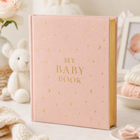 LABON Coffret Cadeau Personnalisé Mon Livre de Bébé, en Lin Rose avec Feuille d'Or, Carnet de Souvenirs et de Moments Clés, Cadeau de Luxe pour Nouveau-né