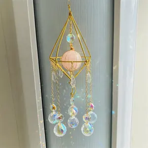 판매 크리스탈 Suncatchers 로즈 석영 공 프리즘 둥근 구슬 매달려 장식 황금 태양 포수 장식