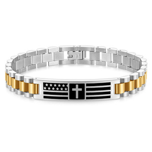 Bracelet en acier inoxydable pour homme avec croix et drapeau, 10 mm, gravé, bijoux religieux, cadeau, argent, or, noir, bicolore - Product Image 4