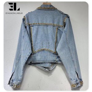 LARSUR Denim Factory strass borchiato di perle di cristallo gioielli in Denim <span class=keywords><strong>giacca</strong></span> da donna motociclista <span class=keywords><strong>moto</strong></span> signore giacche di jeans femminili - Product Image 2