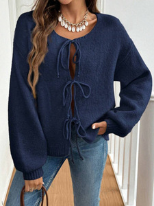 Cárdigan Casual para Mujer de Otoño Invierno en Color Sólido de Algodón Tejido con Mangas Abullonadas y Cierre de Cinturón con Logotipo Frontal de Corte Holgado - Product Image 3