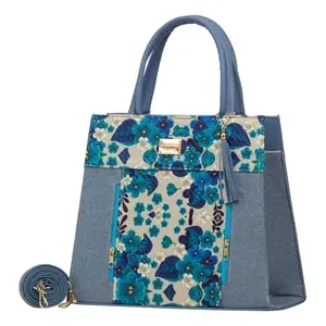 Bolsa de compras de yute azul Emiliana para mujer, con cierre de broche grande, bolsa de mano para adultos - Product Image 1