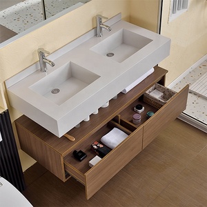 Meuble-lavabo double vasque moderne <span class=keywords><strong>avec</strong></span> structure en contreplaqué et MDF, vasque en céramique, design mural, <span class=keywords><strong>miroir</strong></span> intelligent inclus - Product Image 3