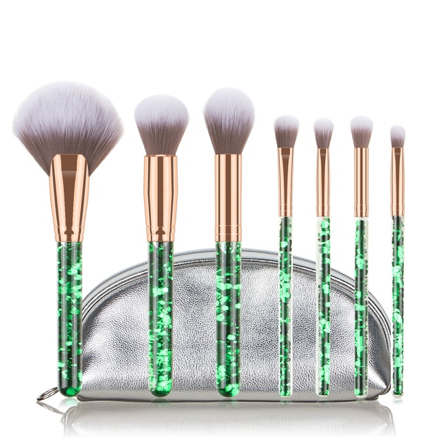 New Design Crystal Handle Make up Brushes Acrylic Quicksand Premium Synthetic Bristles 7PCS Green Glitter Makeup Brush Set