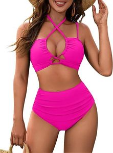 XC2509 Ensemble 2 pièces taille haute pour femme, <span class=keywords><strong>maillot</strong></span> <span class=keywords><strong>de</strong></span> <span class=keywords><strong>bain</strong></span> bikini halter à couvrance intégrale et effet ventre plat, <span class=keywords><strong>rouge</strong></span> - Product Image 4