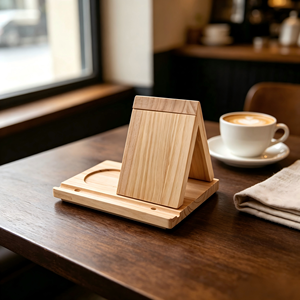 Support de téléphone pliable en bois de pin massif, poncé à la main, <span class=keywords><strong>avec</strong></span> rainure intégrée pour support de tasse et base de dessous de verre, pour usage quotidien sur bureau - Product Image 4