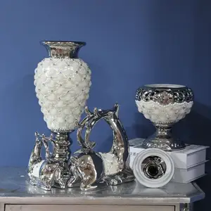 Jarrón de cerámica chapado de alta gama, accesorios de lujo de estilo nórdico para decoración del hogar, jarrón de cerámica Plateado