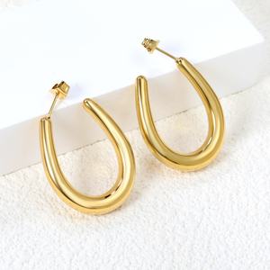 Pendientes de Aro Geométricos de Acero Inoxidable con Baño de Oro PVD de 18K, Diseño Hueco en Forma de U Ovalada, Joyería para Mujer - Product Image 1