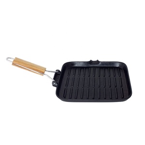 Vuông Gang Bít Tết <span class=keywords><strong>Frying</strong></span> <span class=keywords><strong>Pan</strong></span> với gân thiết kế cổ điển gấp tay cầm bằng gỗ thân thiện với môi vỉ nướng Skillet - Product Image 1