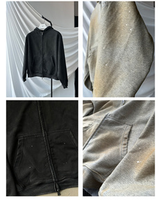 Sweat à capuche zippé noir délavé à pois effet peinture, avec logo personnalisé, poche kangourou oversize, style streetwear vintage pour homme, vente en gros - Product Image 3