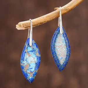 Blue Sea Sediment Drop Earrings 18k Gold Natural Gemstone Dangle Earrings Leaf Shaped Inner Peace Protection Healing Earrings