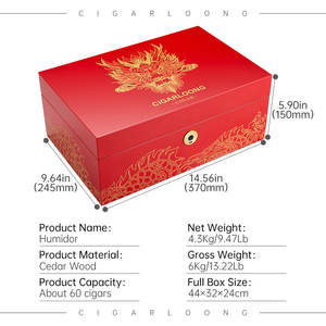 กล่องซิการ์ไม้ซีดาร์ล็อคลายนิ้วมือพร้อมไฟ LED กล่องของขวัญซิการ์มังกรแดงทอง - Product Image 6