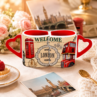 Tasses à café souvenir en céramique de Londres, extérieur en forme de cœur avec des icônes et monuments de Londres, intérieur à thème, souvenir d'amour