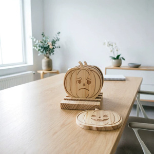 Posavasos de madera con forma de calabaza, decoraciones redondas ecológicas para el escritorio, alfombrillas de café para cocina, tema de Halloween - Product Image 1