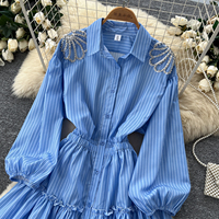 Robe chemise rayée à manches longues pour femmes, décor en strass, taille élastique, ourlet à volants, robe courte pour le printemps et l'été, tenue décontractée quotidienne