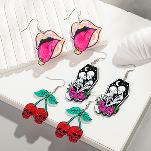 Nuevo diseñador <span class=keywords><strong>de</strong></span> moda resina Halloween pendiente esqueleto Rosa labio uñas Rosa <span class=keywords><strong>boca</strong></span> rojo cereza calavera acrílico gota pendientes para mujer - Product Image 2