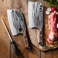 Couteau en acier inoxydable forgé avec manche en bois, ensemble de deux pièces pour couper la viande, les légumes, hacher les os