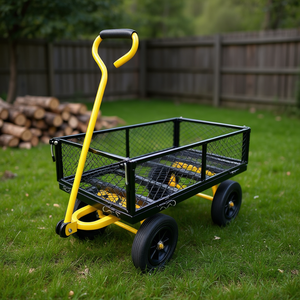 Solid Black And Yellow 4 Wheel Metal Cart Manual <b>Transport</b> For Garden Firewood - Product Image 2