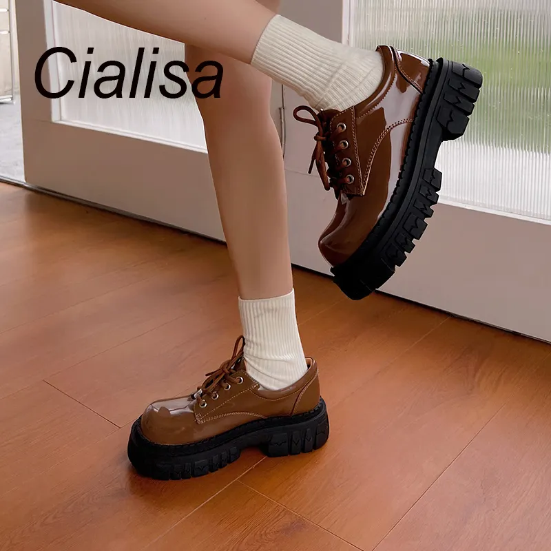 Cialisa Patent Sheepskin Handmade Spring Autumn Loafers Women Shoes Round Toe Thick Platform Flats With Chunky Heels