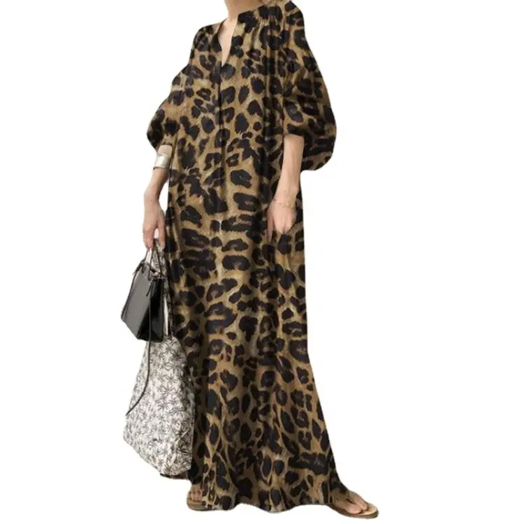 high quality women leopard print beach bohemian mini dress Ladies summer loose rayon cotton boho dress