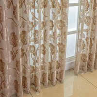 Voilage Jacquard Floral Pivoine Marron Café à Œillets, Rideau en Voile Polyester pour Chambre, Salon, Balcon