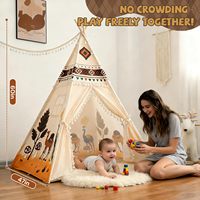 Tente tipi bohème pour enfants à imprimé animalier avec bordure à franges, poteaux en pin naturel, maison de jeu intérieure en toile pour enfants, logo personnalisé