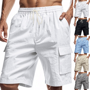 Pantalones Cortos Cargo de Lino para Hombre, Cintura Media, con Cordón, Color Sólido, para Playa, Correr, Uso Casual - Product Image 2